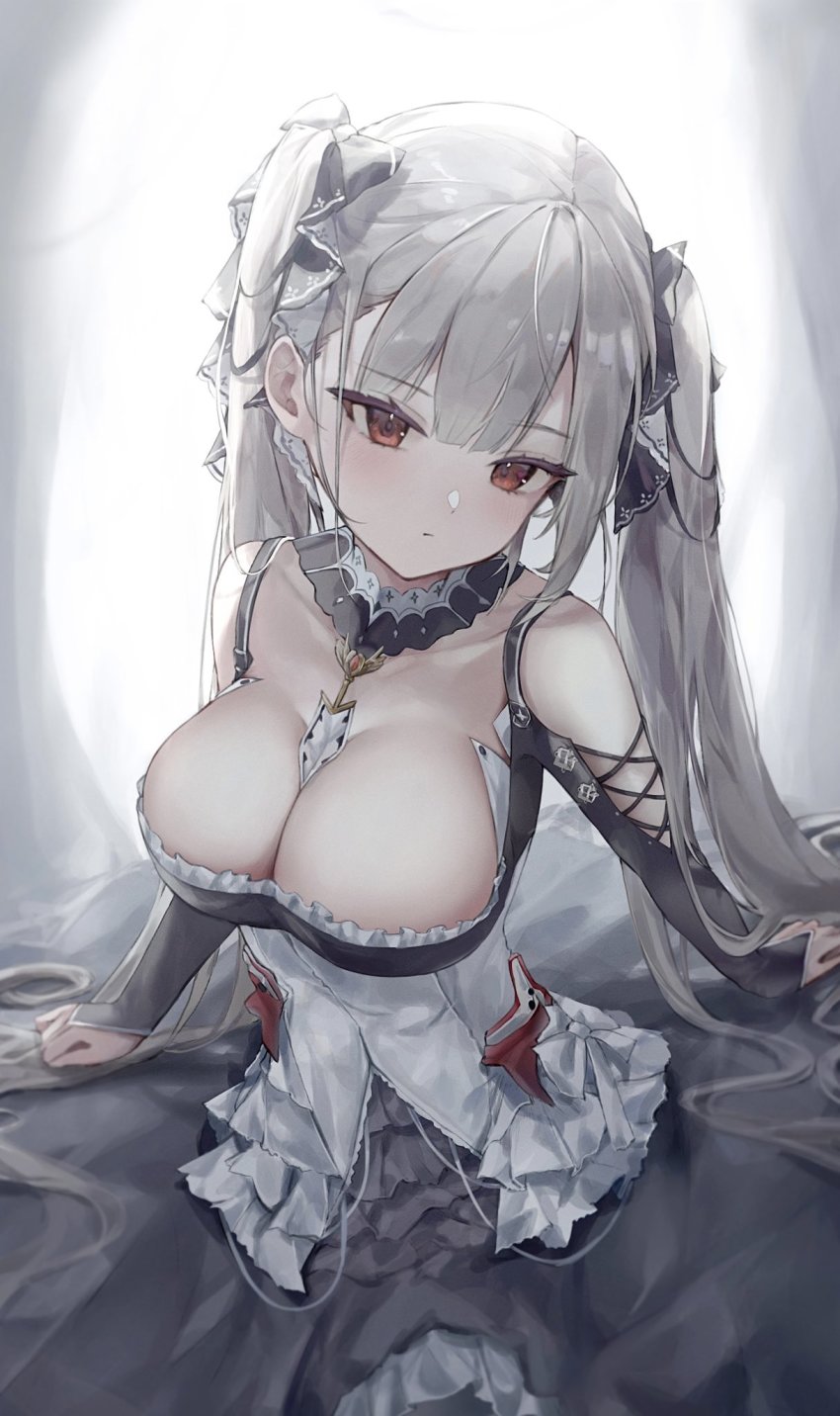 1girl, :|, arm_support, azur_lane, between_breasts, blush, breasts, bridal_gauntlets