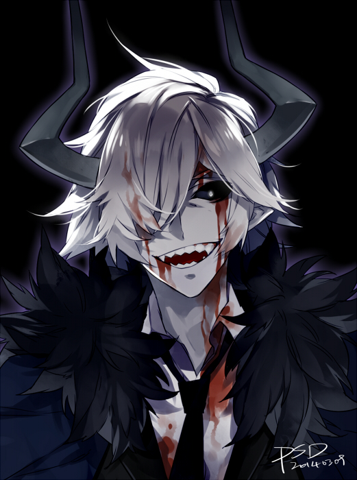 1boy, black_sclera, blood, blood_on_clothes, blood_on_face, colored_sclera, funamusea, fur_collar