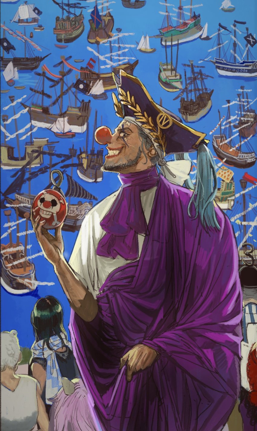animal, ascot, beard, black_hair, blue_hair, bomb, buggy_the_clown, cabaji, day, explosive, facial_hair, facial_mark, facing_away, fourth_wall, galdino, greco-roman_clothes, green_hair, grin, hand_up, hat, highres, holding, holding_bomb, lion, lipstick, long_hair, looking_afar, looking_at_viewer, makeup, male_focus, mast, mohji_(one_piece), mossacannibalis, one_piece, outdoors, pirate_ship, red_lips, red_nose, richie_(one_piece), roman_clothes, sail, sailing_ship, ship, smile, solo_focus, teeth, toga, watercraft, white_hair