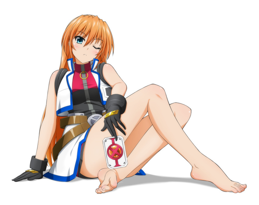 1girl, barefoot, black_gloves, blue_eyes, blush, closed_mouth, eyebrows_hidden_by_hair, feet