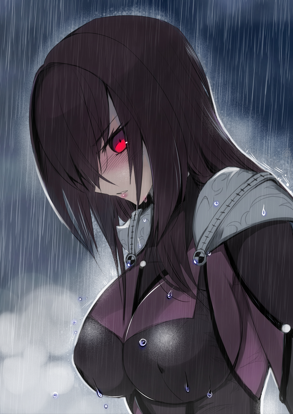 1girl, fate_(series), highres, hyakuichi, rain, red_eyes, scathach_(fate), solo