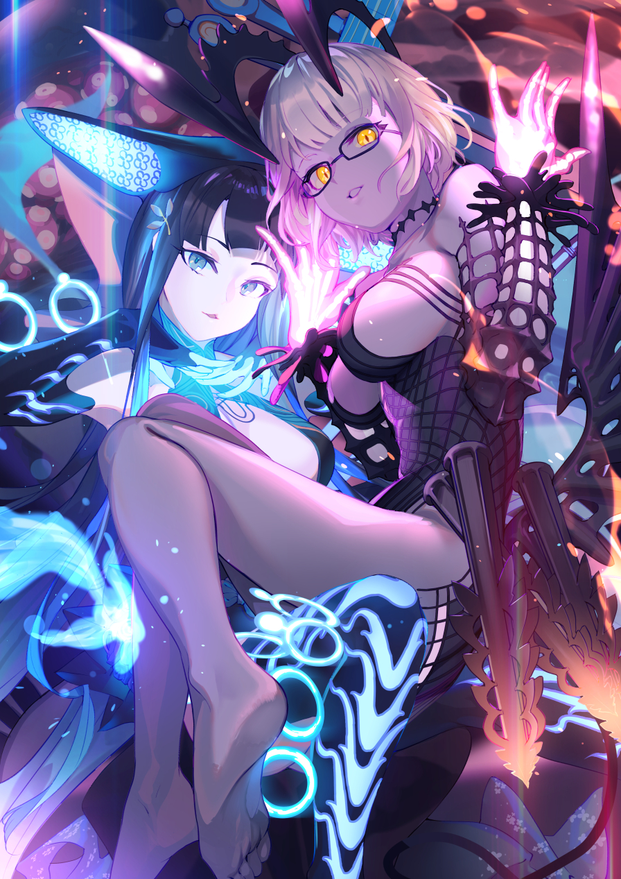 2girls, blue_eyes, blunt_bangs, breasts, fate/grand_order, fate_(series), glasses, grey_hair, highres, horns, jacques_de_molay_(foreigner)_(fate), jacques_de_molay_(foreigner)_(third_ascension)_(fate), large_breasts, long_hair, looking_at_viewer, multiple_girls, purple_hair, short_hair, smile, soupchan, thighhighs, yang_guifei_(fate), yang_guifei_(third_ascension)_(fate), yellow_eyes