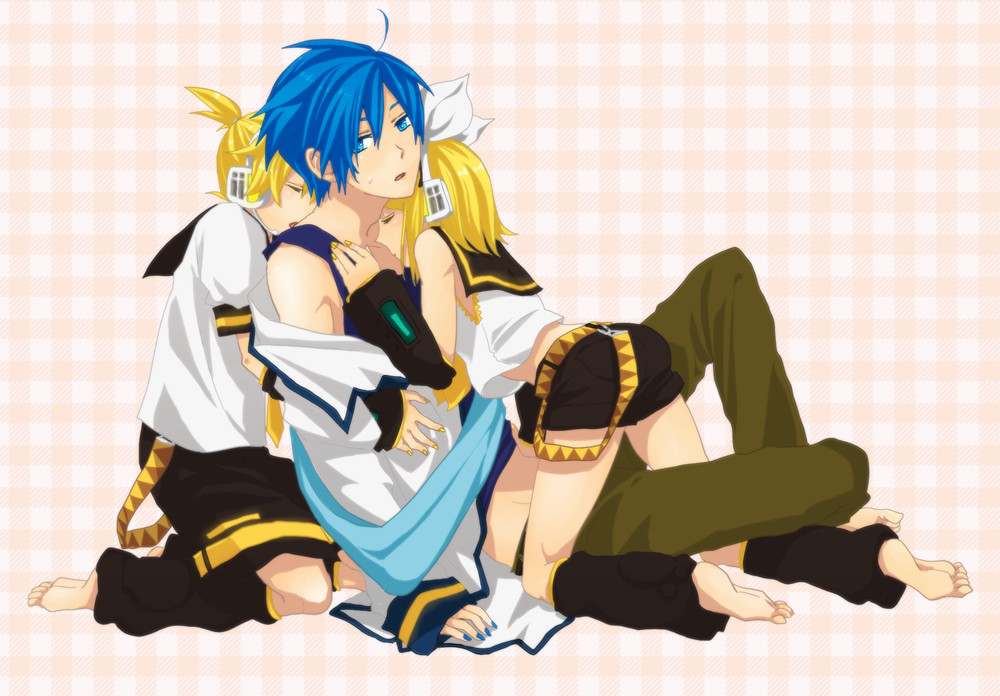 1girl, 2boys, akiyoshi, akiyoshi_(tama-pete), bad_id, bad_pixiv_id, barefoot, bisexual_male, blonde_hair, blue_eyes, blue_hair, blue_scarf, blush, brother_and_sister, closed_eyes, feet, hair_ribbon, headphones, hug, kagamine_len, kagamine_rin, kaito_(vocaloid), kiss, licking, multiple_boys, ribbon, scarf, short_hair, shorts, siblings, twins, vocaloid