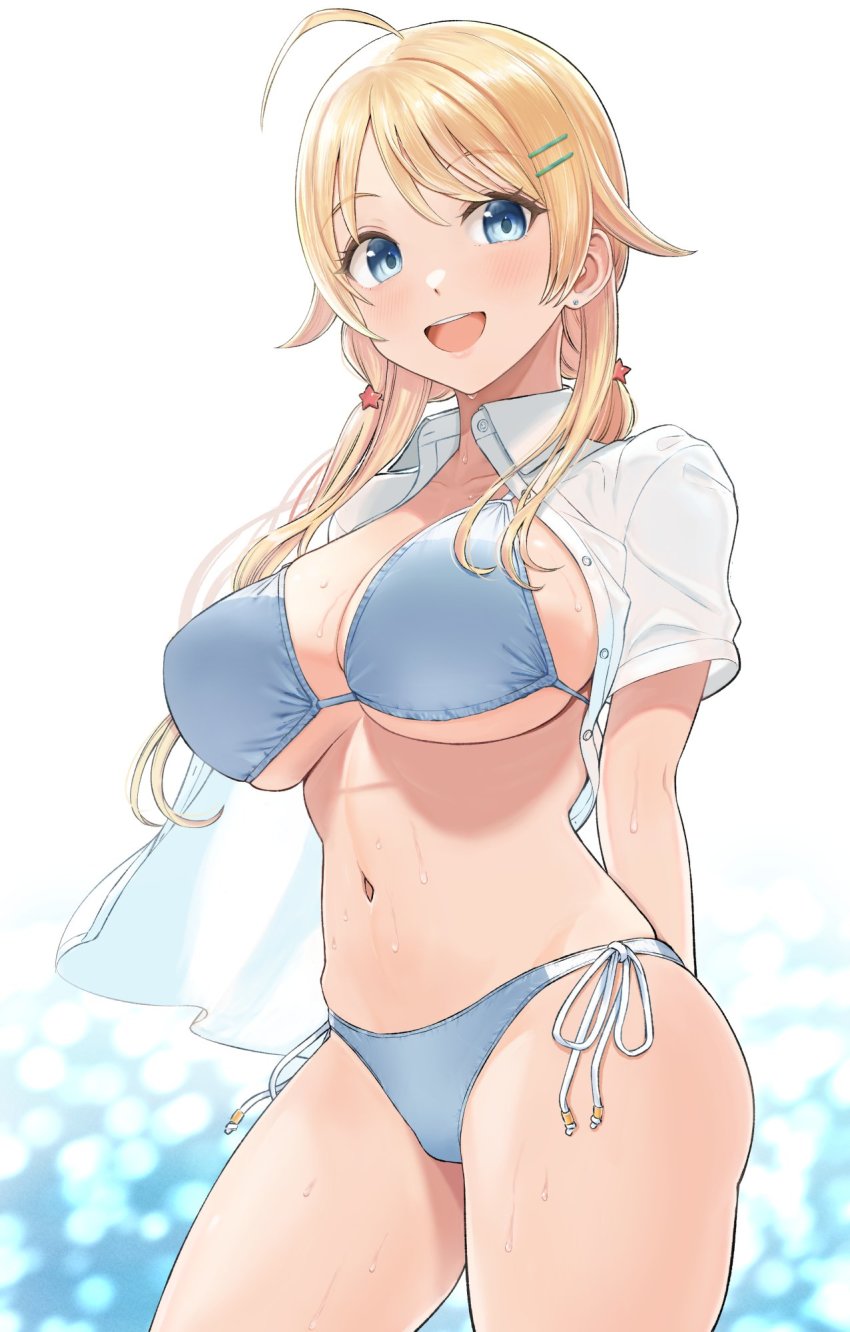 1girl, ahoge, arms_behind_back, bikini, bikini_under_clothes, blonde_hair, blue_background, blue_bikini, blue_eyes, blush, breasts, collarbone, gradient_background, hachimiya_meguru, hair_ornament, hairclip, highres, idolmaster, idolmaster_shiny_colors, large_breasts, looking_at_viewer, low_twintails, open_mouth, shirt, smile, solo, star_(symbol), star_hair_ornament, sukeroku_(treeee), swimsuit, swimsuit_under_clothes, twintails, white_background, white_shirt