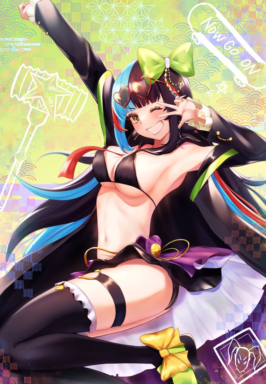 1girl, absurdres, arm_up, arugou, bikini, black_bikini, bow, breasts