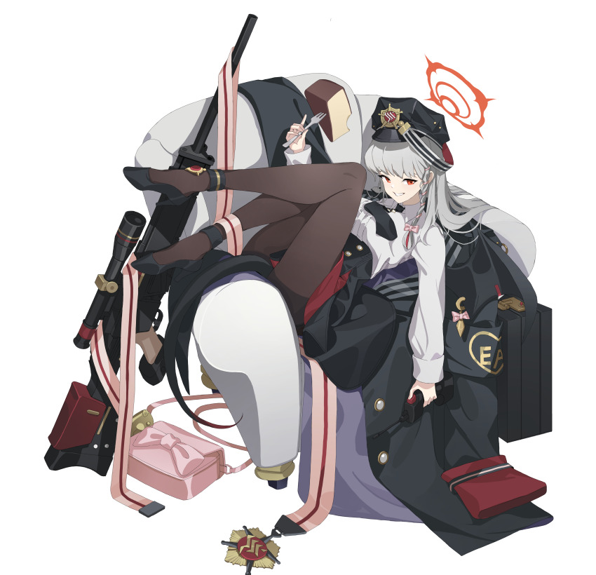 1girl, absurdres, armchair, bag, black_coat, black_footwear, black_hat, black_necktie, black_skirt, blue_archive, breasts, brown_legwear, chair, coat, collared_shirt, detonator, food, fork, grey_hair, grin, gun, h&amp;k_psg1, halo, handbag, haruna_(blue_archive), hat, high-waist_skirt, high_heels, highres, holding, holding_fork, long_hair, long_sleeves, looking_at_viewer, medium_breasts, necktie, open_mouth, orange_eyes, panti, peaked_cap, rifle, shirt, simple_background, sitting, sitting_sideways, skirt, smile, sniper_rifle, solo, strappy_heels, teeth, toombo12, weapon, white_background