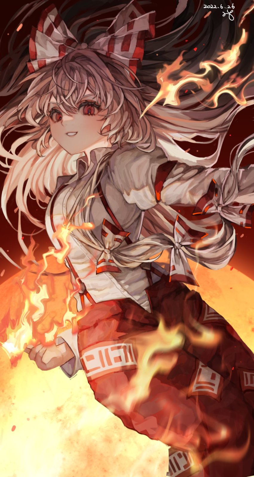 1girl, arm_up, bad_id, bad_twitter_id, bow, breasts, brown_background, buttons, closed_mouth, collared_shirt, fire, fujiwara_no_mokou, gradient_background, grey_bow, grey_shirt, hair_between_eyes, hair_bow, hand_up, highres, juliet_sleeves, long_sleeves, looking_at_viewer, medium_breasts, moon, multicolored_bow, ofgwr, ofuda, ofuda_on_clothes, pants, puffy_long_sleeves, puffy_sleeves, red_bow, red_eyes, red_pants, shirt, signature, smile, solo, teeth, touhou, v-shaped_eyebrows