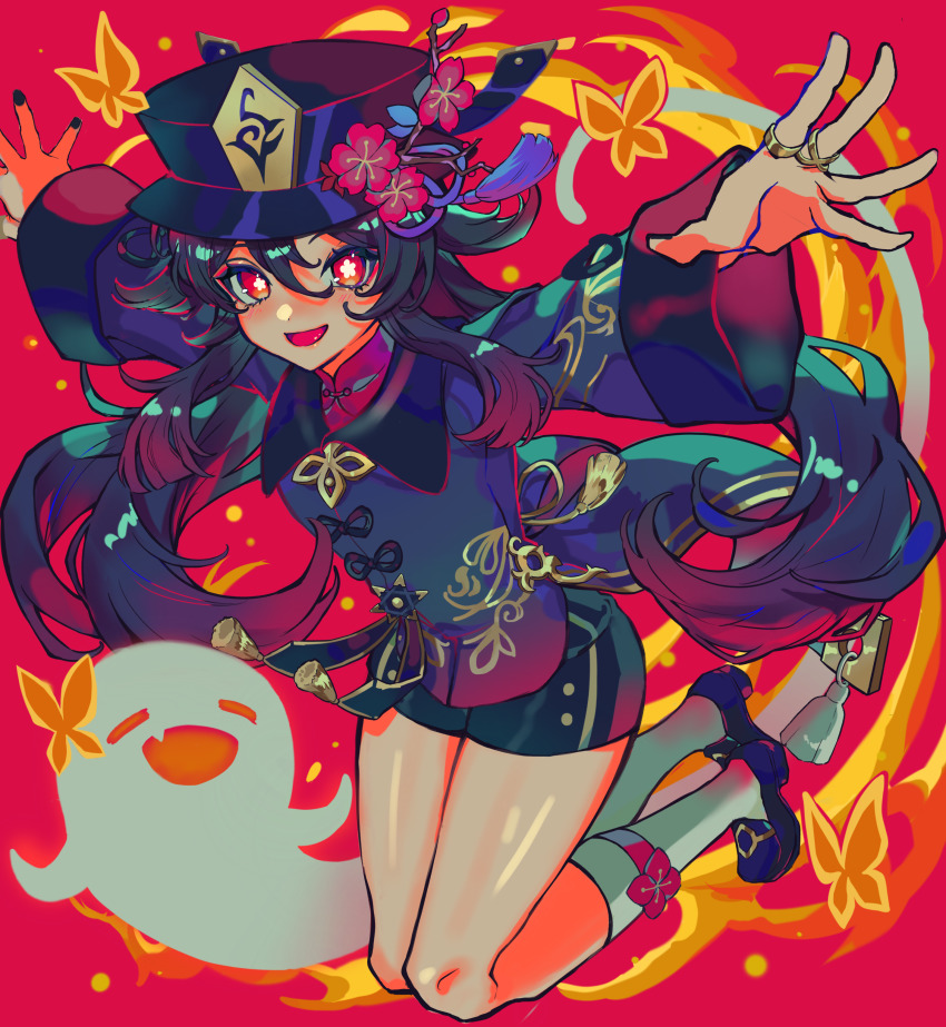 1girl, absurdres, black_hair, black_nails, black_shorts, brown_hair, coat, collared_coat, flower, flower-shaped_pupils, foreshortening, genshin_impact, ghost, hair_between_eyes, haru4aki, hat, hat_flower, hat_ornament, high_heels, highres, hu_tao_(genshin_impact), jewelry, looking_at_viewer, nail_polish, plum_blossoms, ponytail, porkpie_hat, red_eyes, ring, shoes, short_shorts, shorts, smile, socks, symbol-shaped_pupils, white_socks