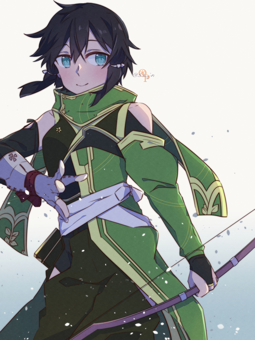 1girl, absurdres, alternate_hair_length, alternate_hairstyle, asada_shino, black_hair, blue_eyes, bow_(weapon)