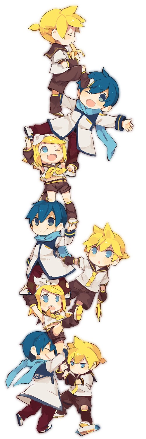 2girls, 6+boys, 8'108, aqua_eyes, banana, blonde_hair, blue_eyes, blue_hair, chibi, durarara!!, eating, fang, food, fruit, highres, holding, kagamine_len, kagamine_rin, kaito_(vocaloid), long_image, multiple_boys, multiple_girls, one_eye_closed, parody, short_hair, simple_background, smile, tall_image, trust_me_(durarara!!), vocaloid, wink