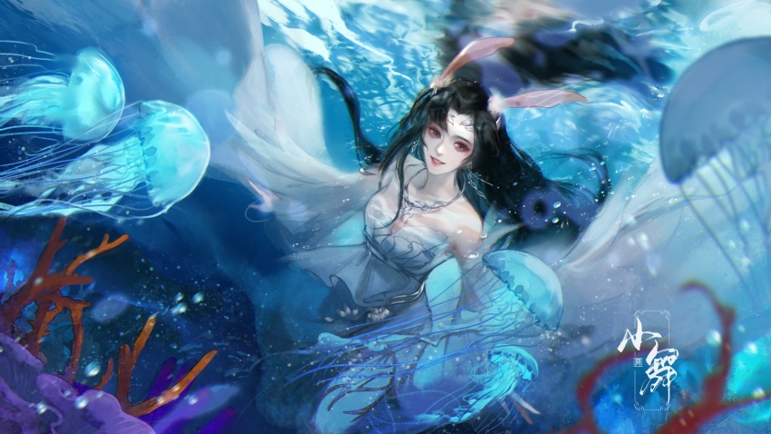 1girl, absurdres, alternate_costume, animal_ears, black_hair, bubble, coral, douluo_dalu