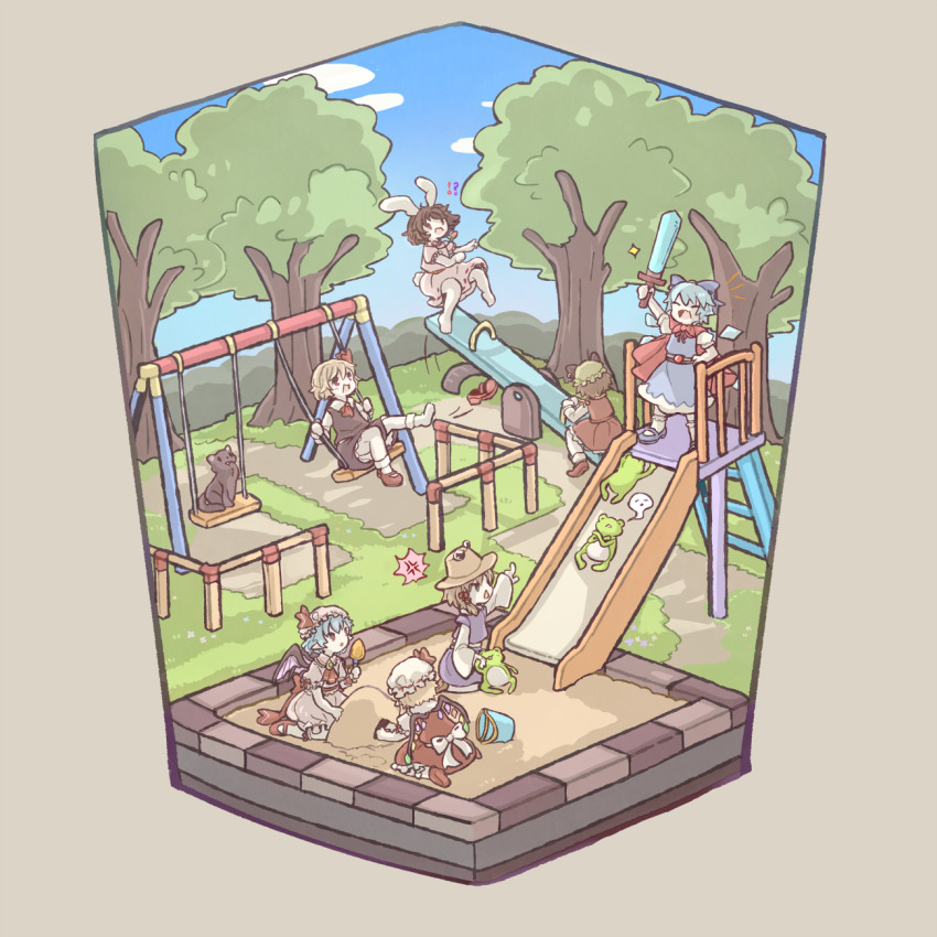 6+girls, anger_vein, animal_ears, ascot, back_bow, barefoot, bat_wings, black_hair