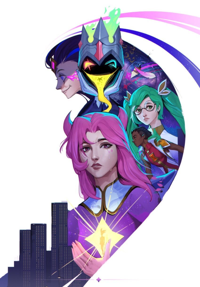 absurdres, brown_hair, city, closed_mouth, crown, dark-skinned_male, dark_skin, ekko_(league_of_legends), feathers, fiddlesticks, fire, glasses, green_eyes, green_hair, hair_ornament, heterochromia, highres, league_of_legends, long_hair, looking_at_viewer, official_alternate_costume, pink_eyes, pink_hair, profile, red_eyes, round_eyewear, short_hair, smile, sona_(league_of_legends), star_(symbol), star_guardian_ekko, star_guardian_kai'sa, star_guardian_sona, star_guardian_zoe, star_nemesis_fiddlesticks, tongue, tongue_out, twintails, vincent_t_(oriaarts), zoe_(league_of_legends)