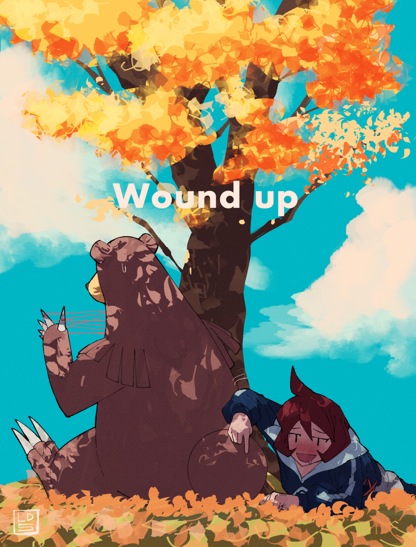 1girl, ahoge, arezu_(pokemon), autumn_leaves, bear, blue_sky, blush, brown_hair, cat's_cradle, cloud, day, english_text, gen_2_pokemon, highres, how_long, jacket, leaf, leaf_pile, long_sleeves, lying, nintendo, on_stomach, outdoors, pokemon, pokemon_(creature), pokemon_legends:_arceus, poking, saliva, sky, sweatdrop, ursaring