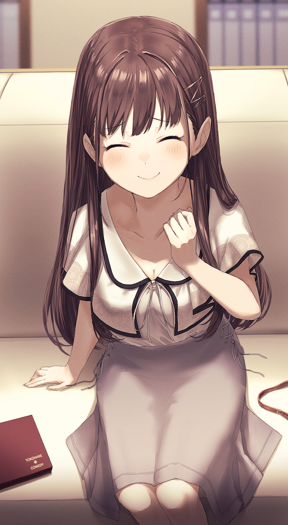 1girl, ^_^, blurry, blurry_background, blush, breasts, brown_hair, cleavage