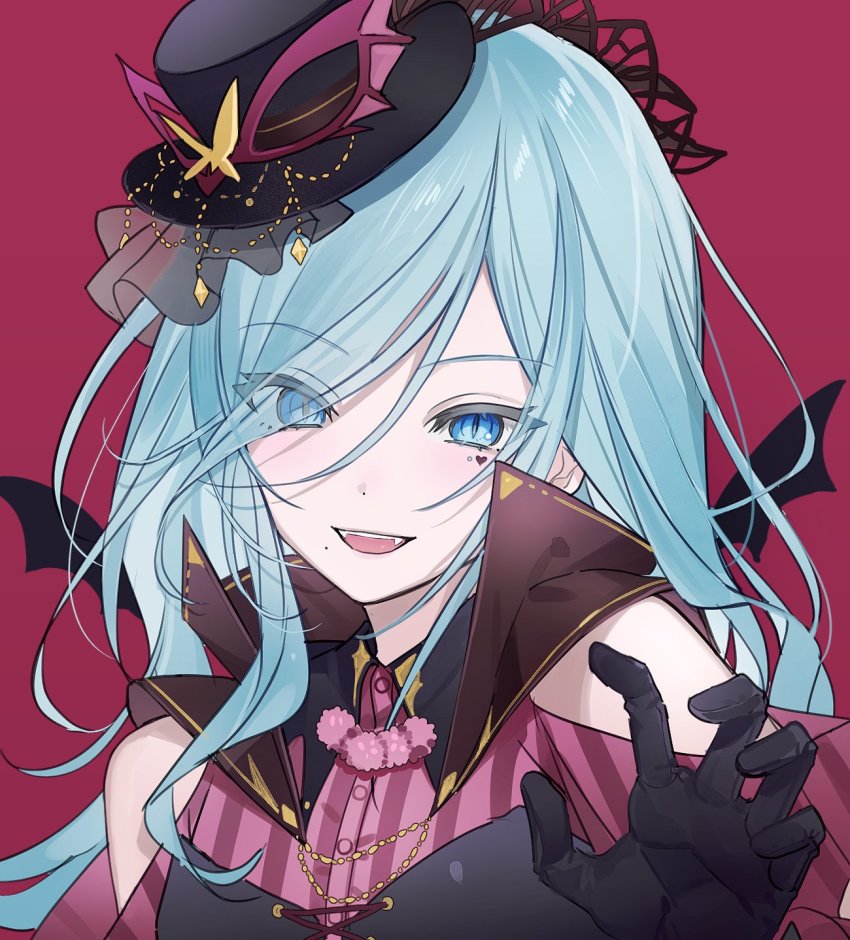 1girl, bat_wings, black_hat, blue_eyes, blue_hair, claw_pose, fangs, hair_over_one_eye
