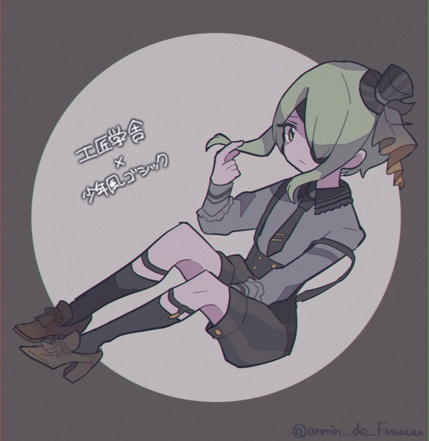 1girl, adapted_costume, black_hat, black_necktie, black_shorts, black_socks, brown_background, brown_footwear