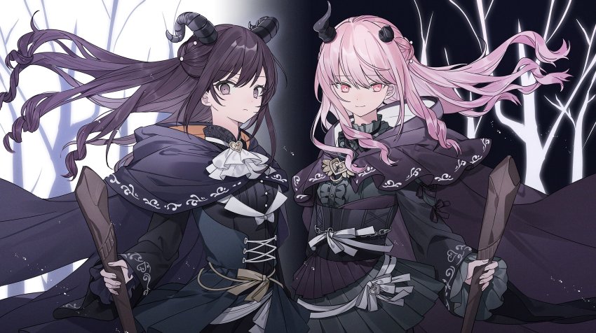 1girl, 1other, akiyama_mizuki, alternate_hair_length, alternate_hairstyle, androgynous, black_dress, boku_no_ashiato_kimi_no_yukusaki_(project_sekai), broken_horn, brown_eyes, brown_hair, corset, cross-laced_clothes, cross-laced_corset, demon_girl, demon_horns, dress, frilled_sleeves, frills, highres, holding, holding_staff, horns, long_hair, long_sleeves, looking_at_viewer, nes_402, pink_eyes, pink_hair, project_sekai, shinonome_ena, smile, staff, tree, wide_sleeves