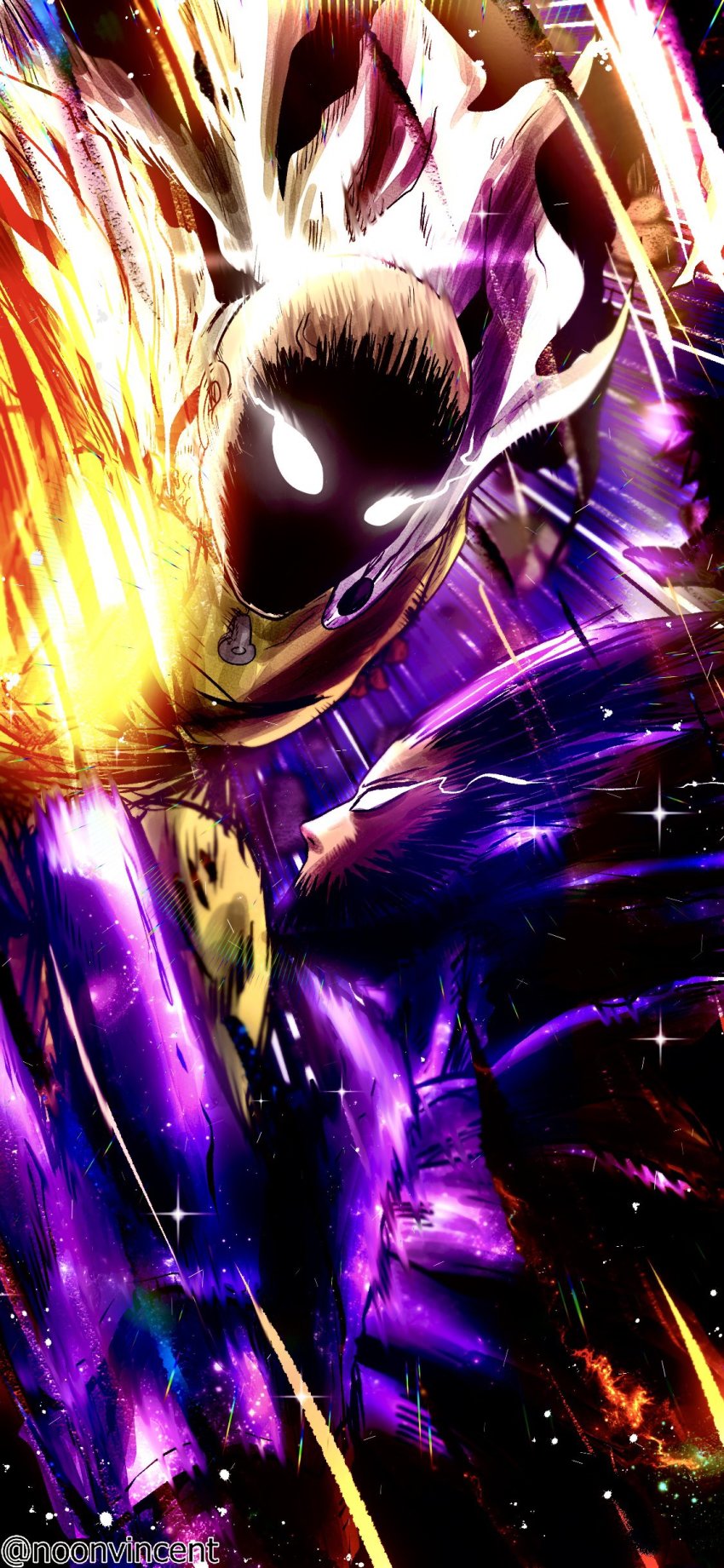 2boys, absurdres, awakened_garou_(cosmic_fear_mode), bald, cape, fighting, garou_(one-punch_man), highres, multiple_boys, noonvincent, one-punch_man, saitama_(one-punch_man), spoilers