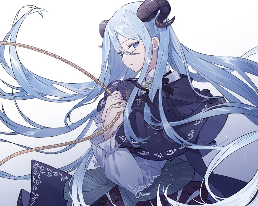 1girl, alternate_costume, blue_eyes, blue_hair, boku_no_ashiato_kimi_no_yukusaki_(project_sekai), demon_girl, demon_horns, frilled_sleeves