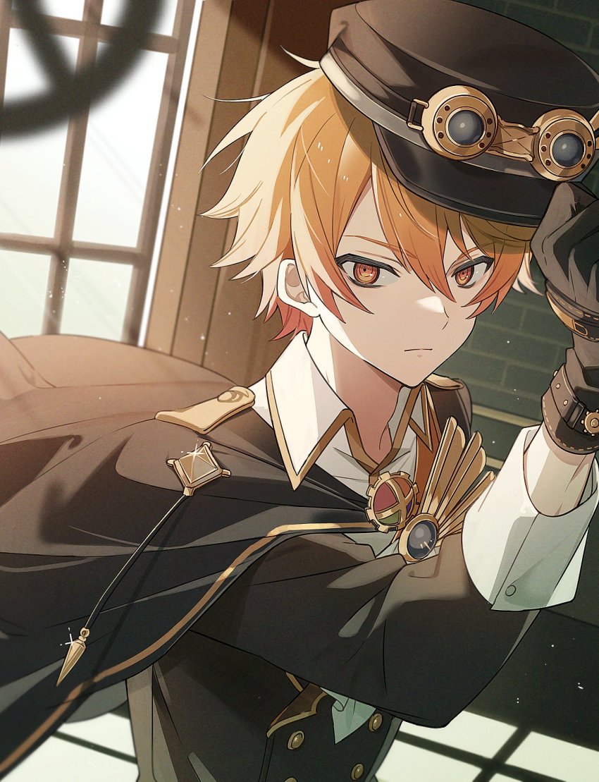 1boy, adjusting_clothes, adjusting_headwear, alternate_costume, black_gloves, black_hat, blonde_hair, newsboy_cap