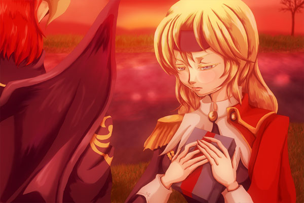 1boy, 1girl, andras, belial_(artist), berial_(komorebiya), blonde_hair, blue_eyes, cape