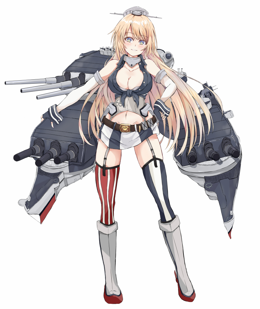 1girl, absurdres, asymmetrical_legwear, blonde_hair, blue_eyes, breasts, cannon, cleavage