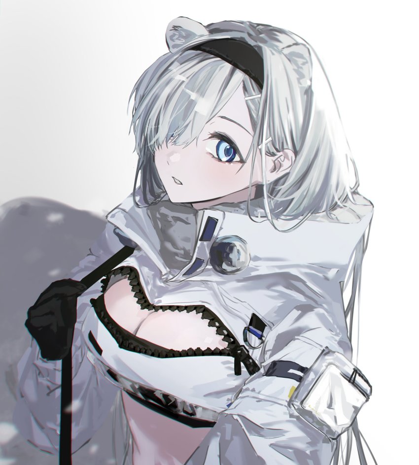 1girl, animal_ears, arknights, aurora_(arknights), bear_ears, black_gloves, black_hairband, blue_eyes