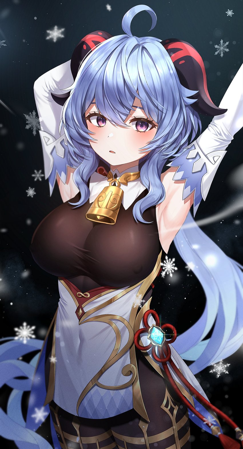 1girl, absurdres, ahoge, arm_behind_head, arm_up, armpits, arms_up, bell