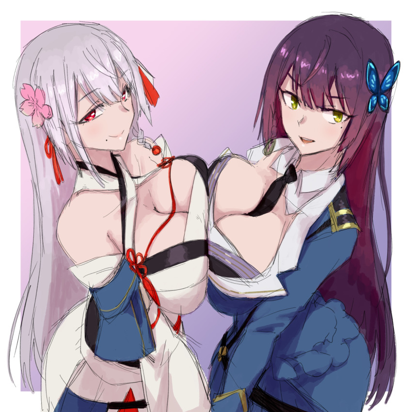2girls, assault_lily, bare_shoulders, belt, between_breasts, black_belt, black_necktie, blue_jacket