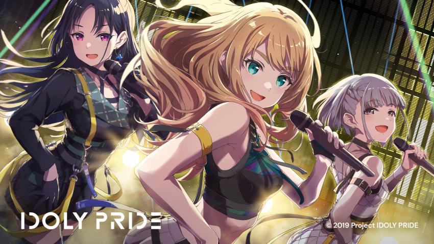 3girls, ayano_yuu_(sonma_1426), blonde_hair, earrings, fran_(idoly_pride), guest_art, highres, idol