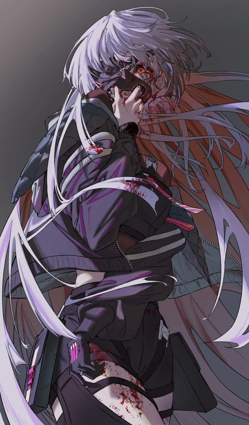 1girl, absurdres, black_gloves, black_hair, black_jacket, black_sclera, blood, blood_from_mouth, blood_on_clothes, blood_on_hands, blood_splatter, colored_inner_hair, colored_sclera, cosplay, crossover, earrings, gloves, grey_background, grey_hair, highres, jacket, jewelry, kamitsubaki_studio, kaneki_ken, kaneki_ken_(cosplay), ki_(kai_oekakikun), koko_(kamitsubaki_studio), long_hair, long_sleeves, looking_at_viewer, mask, multicolored_hair, open_mouth, red_eyes, red_hair, single_glove, tokyo_ghoul, virtual_youtuber