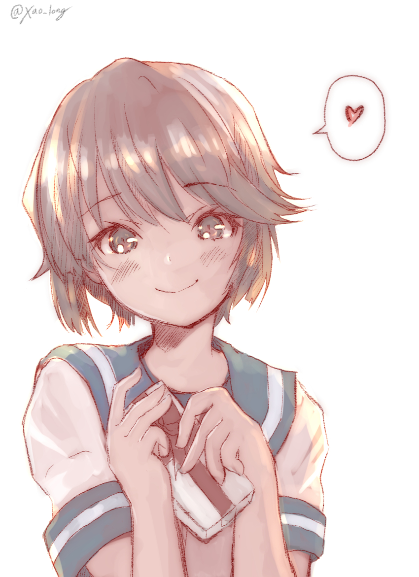 1girl, absurdres, black_eyes, black_hair, blue_sailor_collar, chicken99, gift, heart