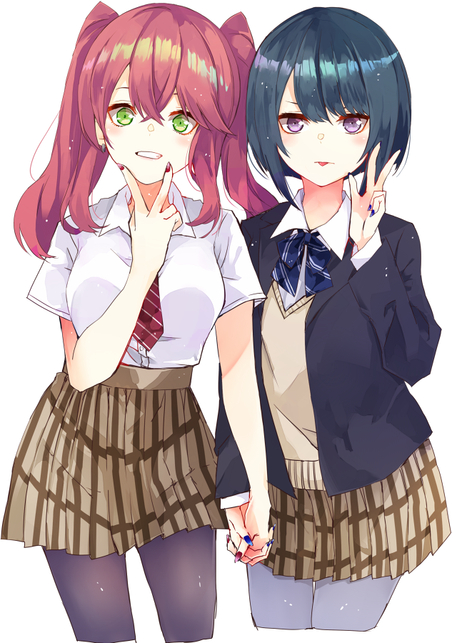 2girls, alternate_costume, blazer, blue_bow, blue_hair, blue_nails, bow, bowtie, collared_shirt, cowboy_shot, duel_monster, evil_twin_ki-sikil, evil_twin_lil-la, green_eyes, hand_up, holding_hands, interlocked_fingers, jacket, ki-sikil_(yu-gi-oh!), lil-la_(yu-gi-oh!), multiple_girls, nail_polish, necktie, pantyhose, purple_eyes, red_hair, red_nails, red_necktie, school_uniform, shirt, short_necktie, short_sleeves, skirt, surphase, sweater, yu-gi-oh!