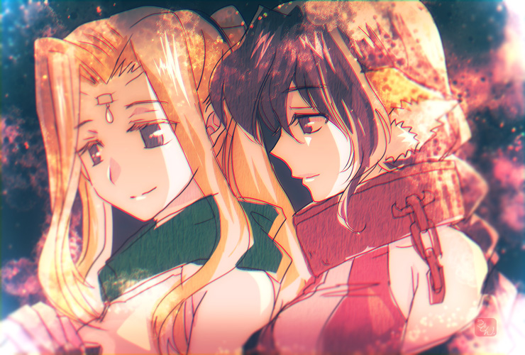 2girls, aiknwuriknru, animal_ears, aquaplus, bare_shoulders, blonde_hair, blue_eyes, blue_hair, braid, breasts, chain, closed_mouth, collar, collarbone, green_scarf, hair_between_eyes, karulau, long_hair, medium_breasts, multiple_girls, nose, ponytail, scarf, sidelocks, sleeveless, taut_clothes, ulthury, utawarerumono, wavy_hair