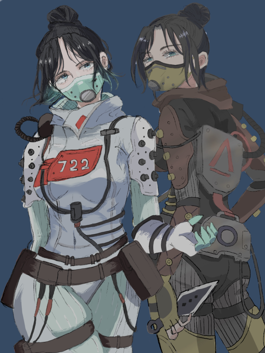 2girls, airship_assassin_wraith, animification, apex_legends, black_hair, blue_background, blue_eyes, bodysuit