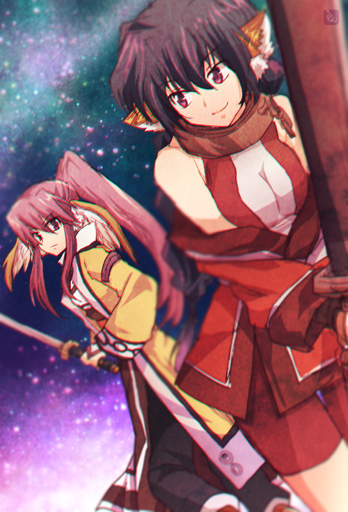 2girls, aiknwuriknru, animal_ears, aquaplus, bare_shoulders, blue_hair, braid, breasts_squeezed_together