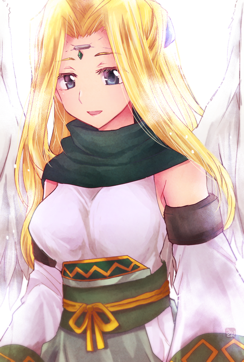 1girl, aiknwuriknru, ainu_clothes, angel_wings, aquaplus, blonde_hair, blue_eyes, breasts, dress, eyelashes, feathered_wings, green_scarf, jewelry, large_breasts, oversized_wings, long_sleeves, looking_at_viewer, nose, off_shoulder, open_mouth, ponytail, raised_eyebrows, scarf, sidelocks, sleeveless, solo, upper_body, ulthury, utawarerumono, wide_sleeves, wings