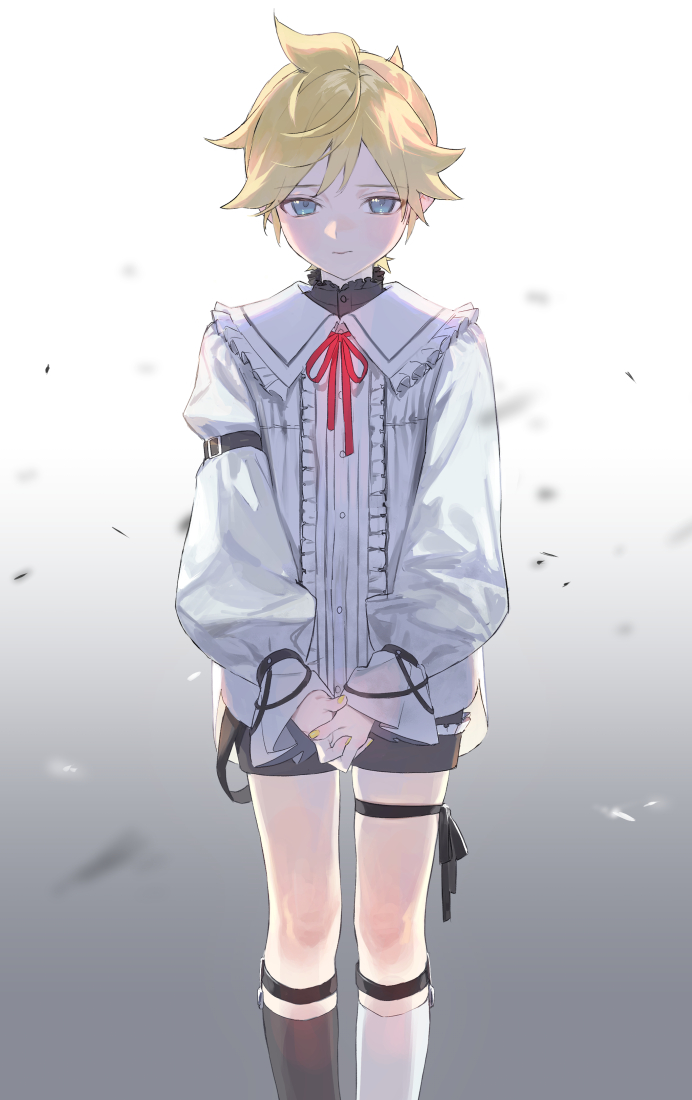 1boy, 25-ji_len, 25-ji_nightcord_de._(project_sekai), aqua_eyes, arm_belt, asymmetrical_legwear, backlighting, black_legwear