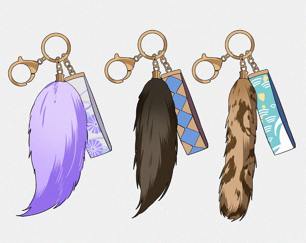 bag_charm, charm_(object), eiden_(nu_carnival), floral_print, fox_tail, garu_(nu_carnival), grey_background, kuya_(nu_carnival)