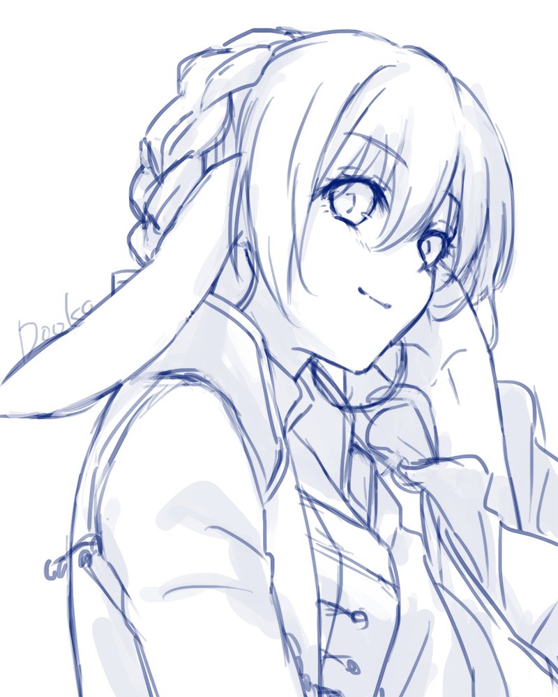 1girl, animal_ears, aquaplus, arm_up, blue_theme, braid, breasts, closed_mouth