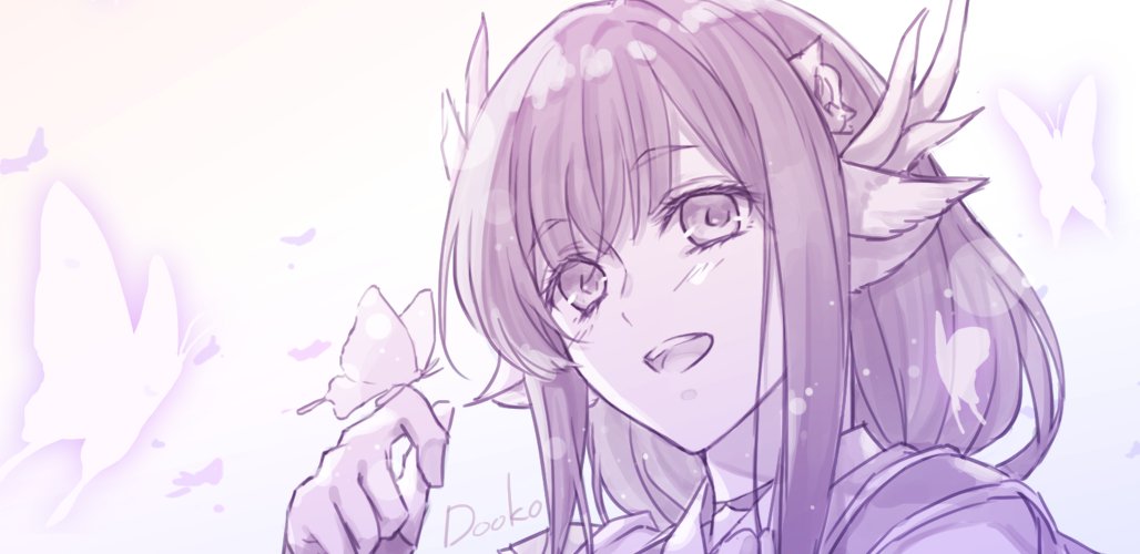 1girl, animal_ears, aquaplus, arm_up, blush, choker, dookoco, from_below, from_side, hair_between_eyes, long_hair, long_image, looking_at_viewer, minagi_(utawarerumono), monochrome, nose, open_mouth, purple_theme, raised_eyebrows, sidelocks, signature, solo, teeth, tongue, upper_body, utawarerumono, utawarerumono:_lost_flag, wide_image