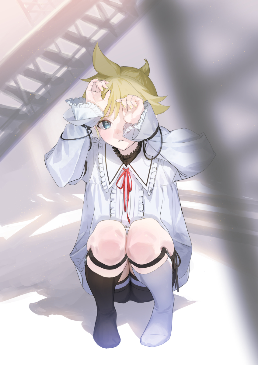 1boy, 25-ji_len, 25-ji_nightcord_de._(project_sekai), aqua_eyes, asymmetrical_legwear, black_legwear, black_shorts, blonde_hair, center_frills, collar, collared_shirt, frilled_collar, frills, furrowed_brow, hiding, highres, kagamine_len, legwear_garter, long_sleeves, male_focus, mismatched_legwear, naoko_(naonocoto), neck_ribbon, parted_lips, ponytail, project_sekai, puffy_long_sleeves, puffy_sleeves, red_ribbon, ribbon, shading_eyes, shadow, shirt, short_ponytail, shorts, shy, solo, spiked_hair, squatting, truss, vocaloid, white_legwear, white_shirt