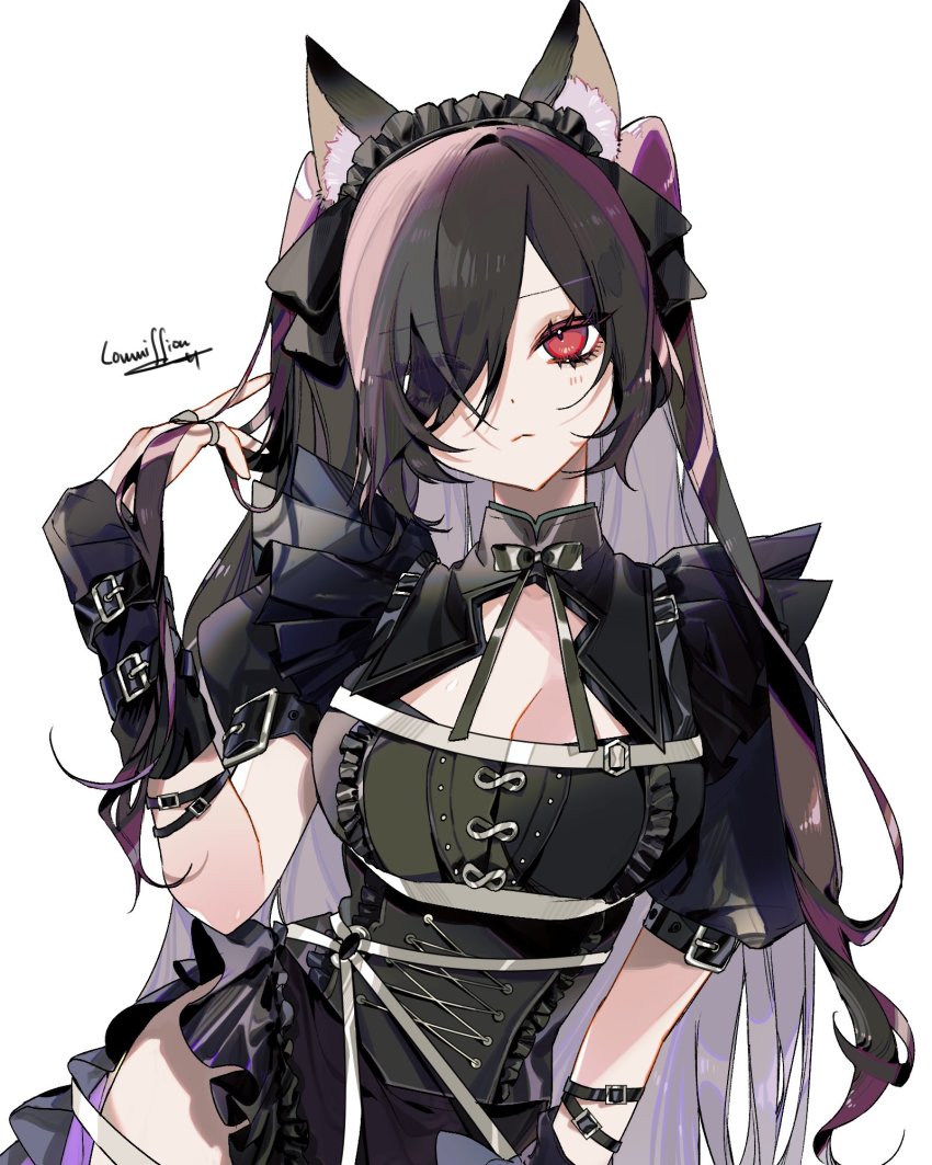 1girl, :<, animal_ear_fluff, animal_ears, arm_belt, arm_warmers, black_dress, black_hair, black_hairband, black_ribbon, breasts, cat_ears, center_frills, cleavage, cleavage_cutout, clothing_cutout, colored_inner_hair, commentary, commission, comori, contrapposto, cowboy_shot, dress, english_commentary, english_text, expressionless, eyelashes, eyes_visible_through_hair, facing_viewer, frilled_dress, frills, gothic_lolita, hair_over_eyes, twirling_hair, hairband, highres, jewelry, large_breasts, lolita_fashion, long_hair, looking_at_viewer, maid_headdress, mitsurugi_lia, multicolored_hair, multiple_rings, neck_ribbon, o-ring, puffy_short_sleeves, puffy_sleeves, red_eyes, ribbon, ring, short_sleeves, side_slit, sidelocks, simple_background, slit_pupils, solo, two_side_up, unamused, underbust, very_long_hair, virtual_youtuber, wactor_production, white_background, white_hair