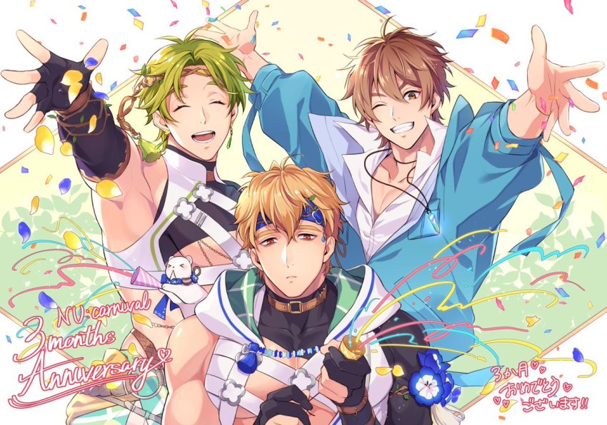 3boys, 7go3_nc, asymmetrical_clothes, bags_under_eyes, black_gloves, blonde_hair, blue_headband, blue_jacket