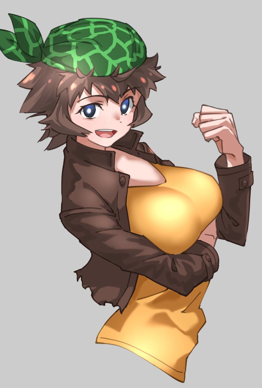 1girl, :d, absurdres, arm_under_breasts, bandana, blue_eyes, breasts, brown_hair, brown_jacket, clenched_hand, commentary, cropped_torso, grey_background, highres, jacket, juuou_gorilla_(kemono_friends), kemono_friends, large_breasts, long_sleeves, looking_at_viewer, open_mouth, shirt, short_sleeves, simple_background, smile, solo, tanabe_(fueisei), upper_body, yellow_shirt