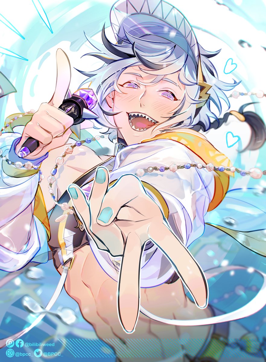 1boy, abs, aqua_nails, black_hair, blade_(idol_apprentice)_(nu_carnival), blade_(nu_carnival), blush, bpcc, crop_top, gem, hat, highres, holding, holding_microphone, idol, long_sleeves, looking_at_viewer, male_focus, microphone, multicolored_hair, nail_polish, navel, newsboy_cap, nu_carnival, open_mouth, purple_eyes, see-through_clothes, see-through_shirt, sharp_teeth, shirt, short_hair, smile, splashing, streaked_hair, teeth, v, white_hair