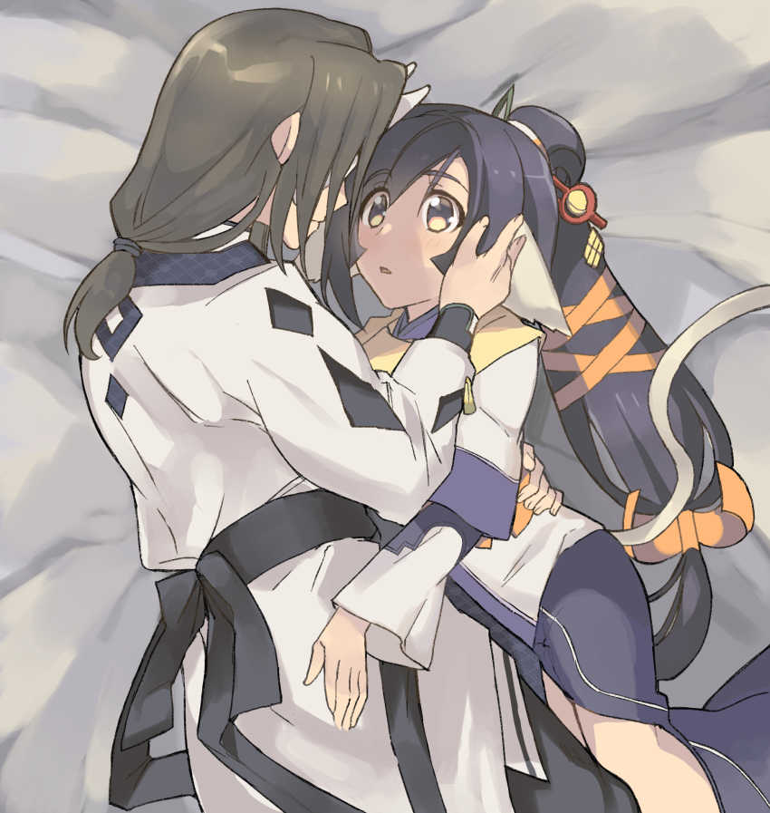 1boy, 1girl, absurdly_long_hair, ainu_clothes, animal_ears, aquaplus, black_hair, blush