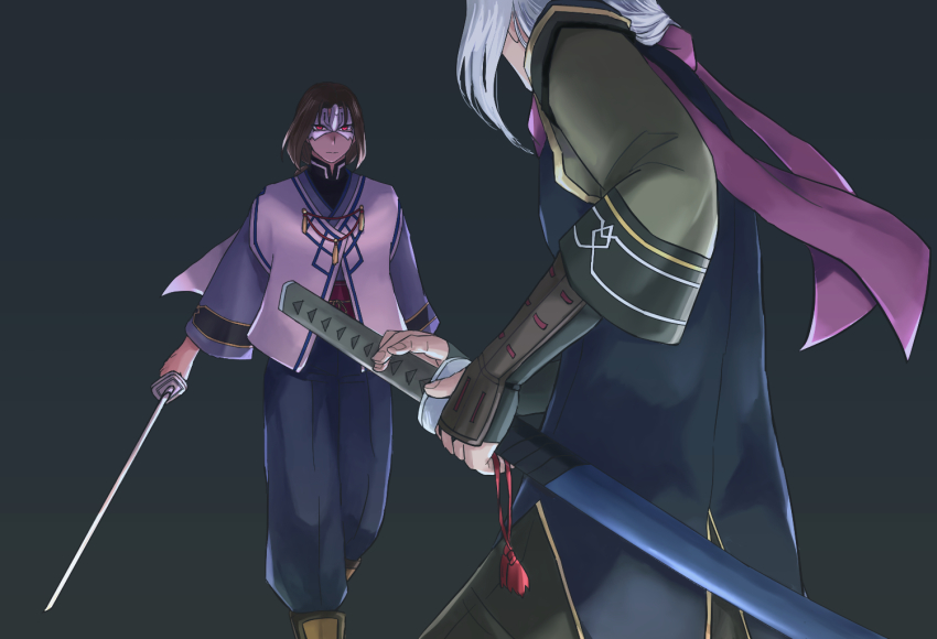 2boys, ainu_clothes, aquaplus, boots, fingerless_gloves, fugito, full_body, gauntlets, gloves, holding, holding_sword, holding_weapon, katana, long_hair, long_sleeves, looking_at_another, mask, multiple_boys, red_eyes, sheath, sheathed, sword, twchewp, ukon_(utawarerumono), utawarerumono, utawarerumono:_itsuwari_no_kamen, utawarerumono:_lost_flag, walking, weapon, white_hair, wide_sleeves