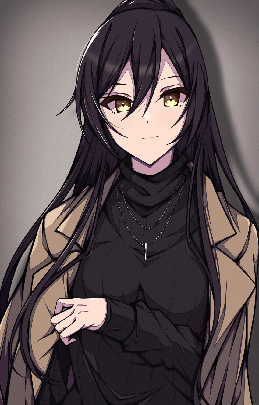 1girl, absurdres, black_hair, black_sweater, brown_jacket, closed_mouth, grey_background, hair_between_eyes